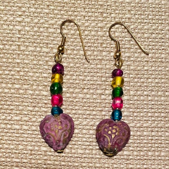 One of a Kind Drop Bead Earrings with Hearts - Picture 1 of 1
